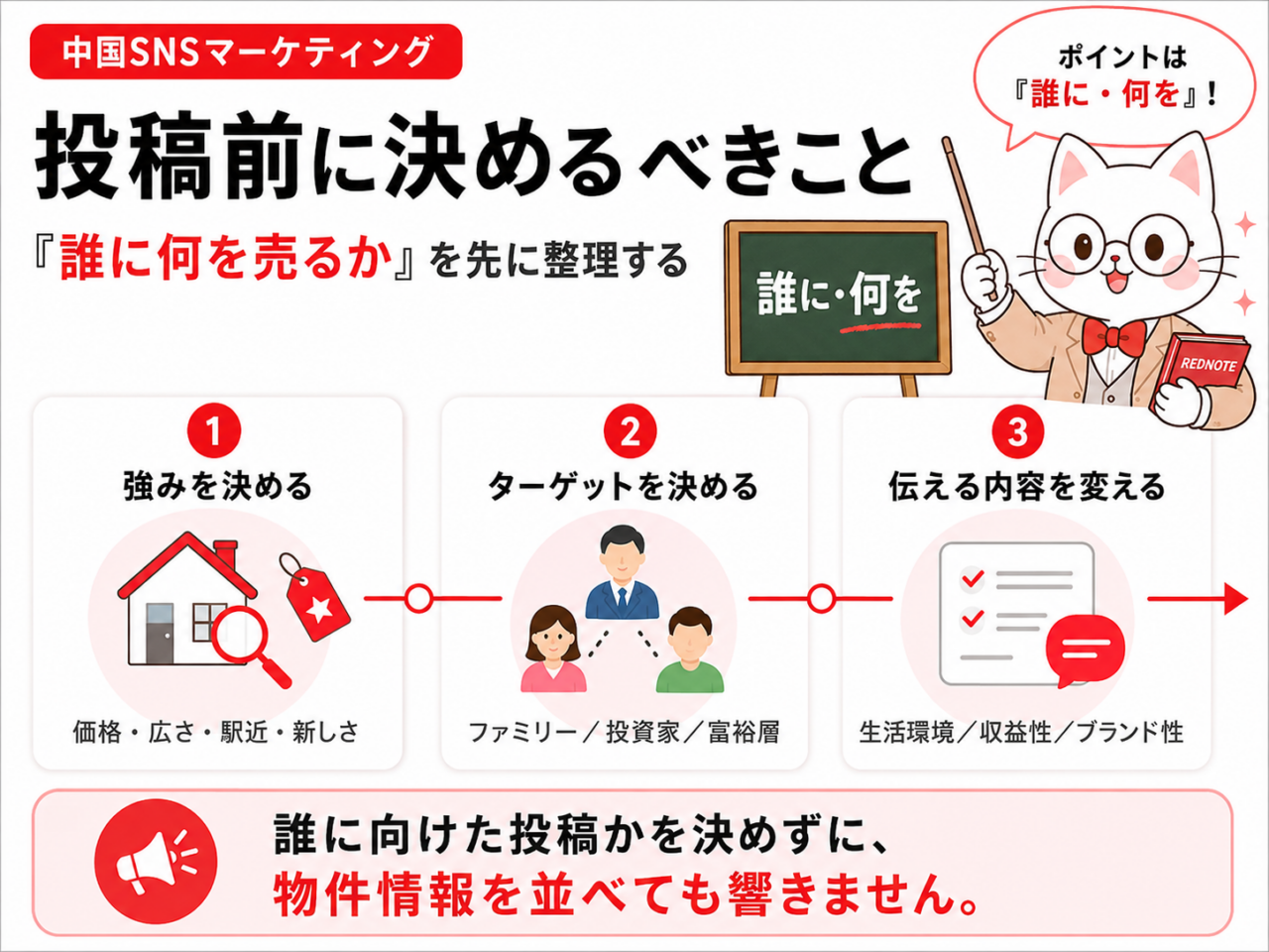 REDへ物件を掲載する前に、不動産会社が整理すべきポイントを「強みを決める」「ターゲットを決める」「伝える内容を変える」の3つでまとめた図解