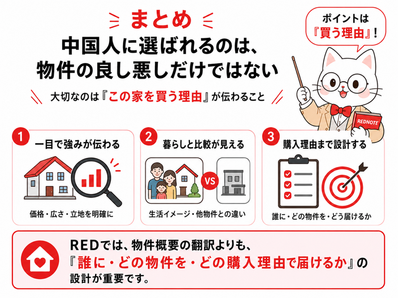 REDで中国人に選ばれる戸建て投稿の要点をまとめた図解。物件の良し悪しだけでなく、「この家を買う理由」を伝えることが重要であることを示している。