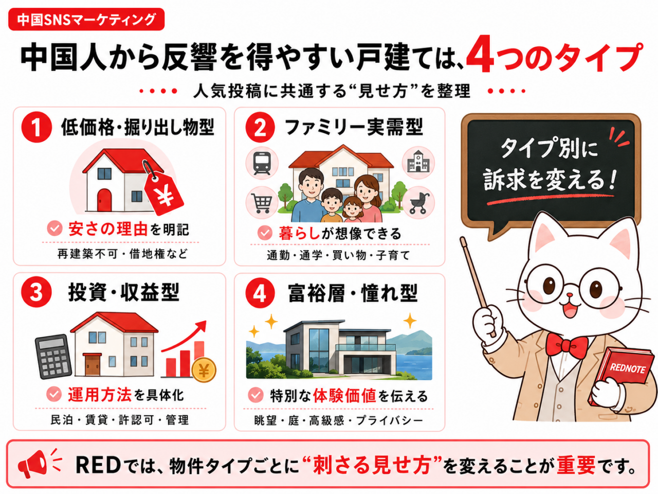 中国人から反響を得やすい日本の戸建てを、低価格・掘り出し物型、ファミリー実需型、投資・収益型、富裕層・憧れ型の4タイプに整理した図解